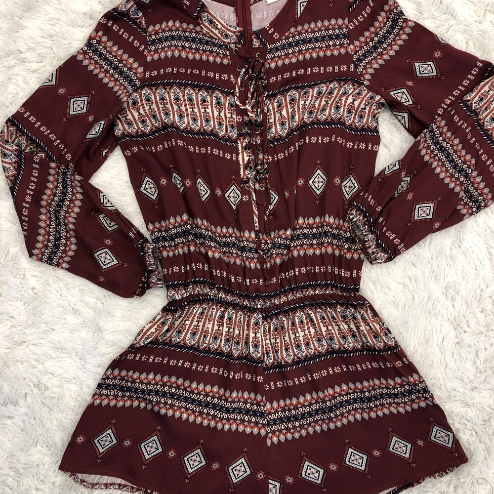 Burgundy Print Long sleeve Print Romper NWOT